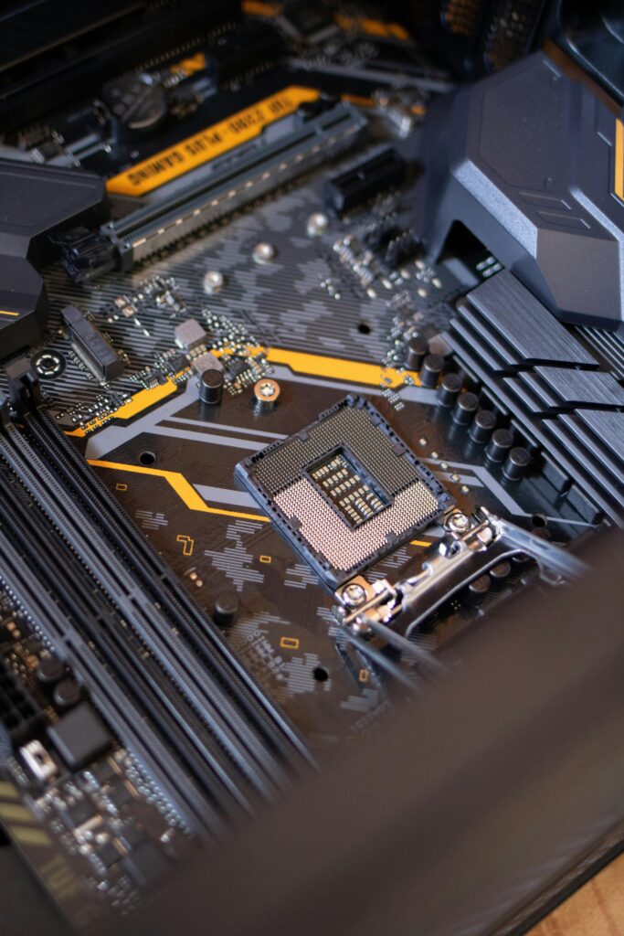 A photo of the interior of a motherboard
